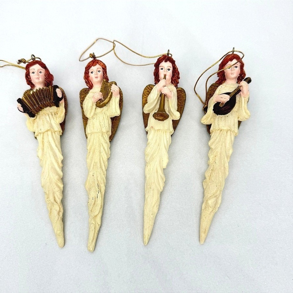Icicle Angel Christmas Ornament SET 4pc Musical Instruments Gold Cream Holiday